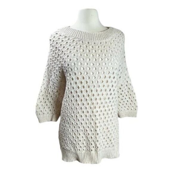Ann Taylor Sweater L Ivory Open-Knit Top Extra Fine Merino Wool Alpaca Eyelet - Picture 1 of 8